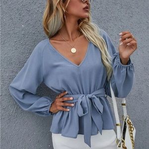 NEW SHEIN Raglan Sleeve Belted V Neck Blouse Festival Dusty Blue Size Large